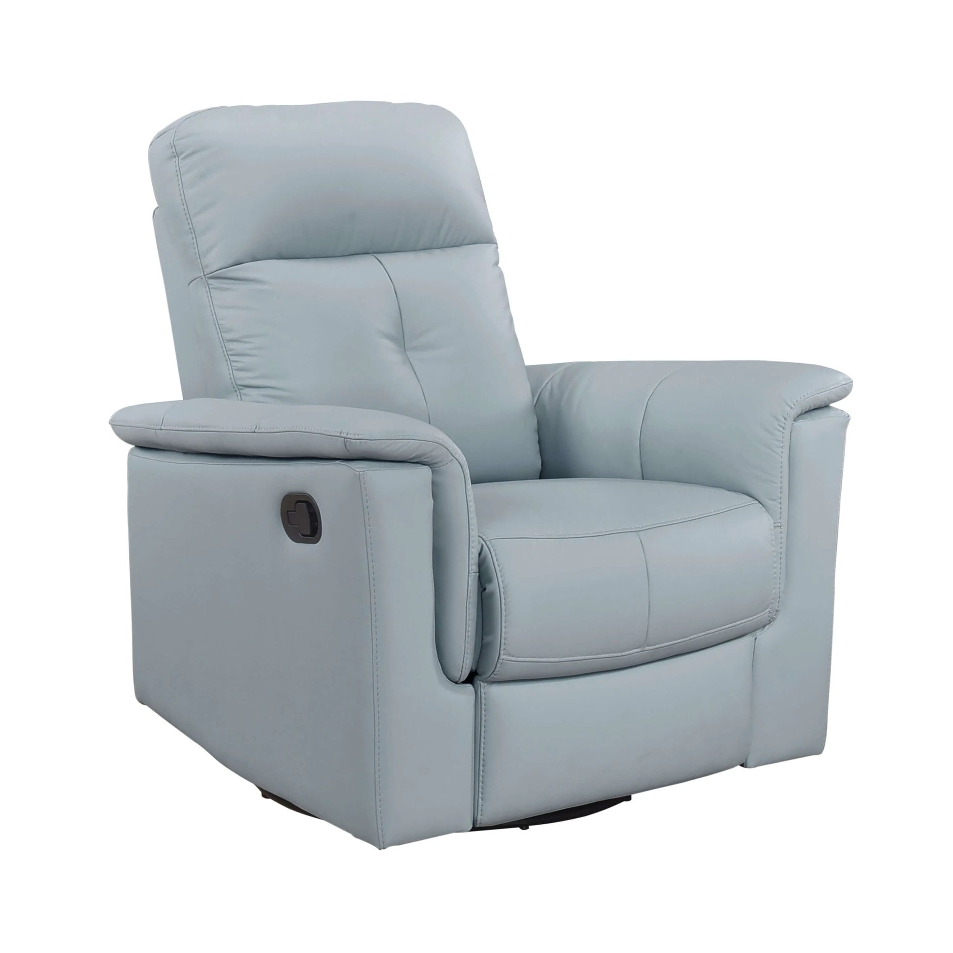 Blue recliner chair with manual pull mechanism and black base on a white background