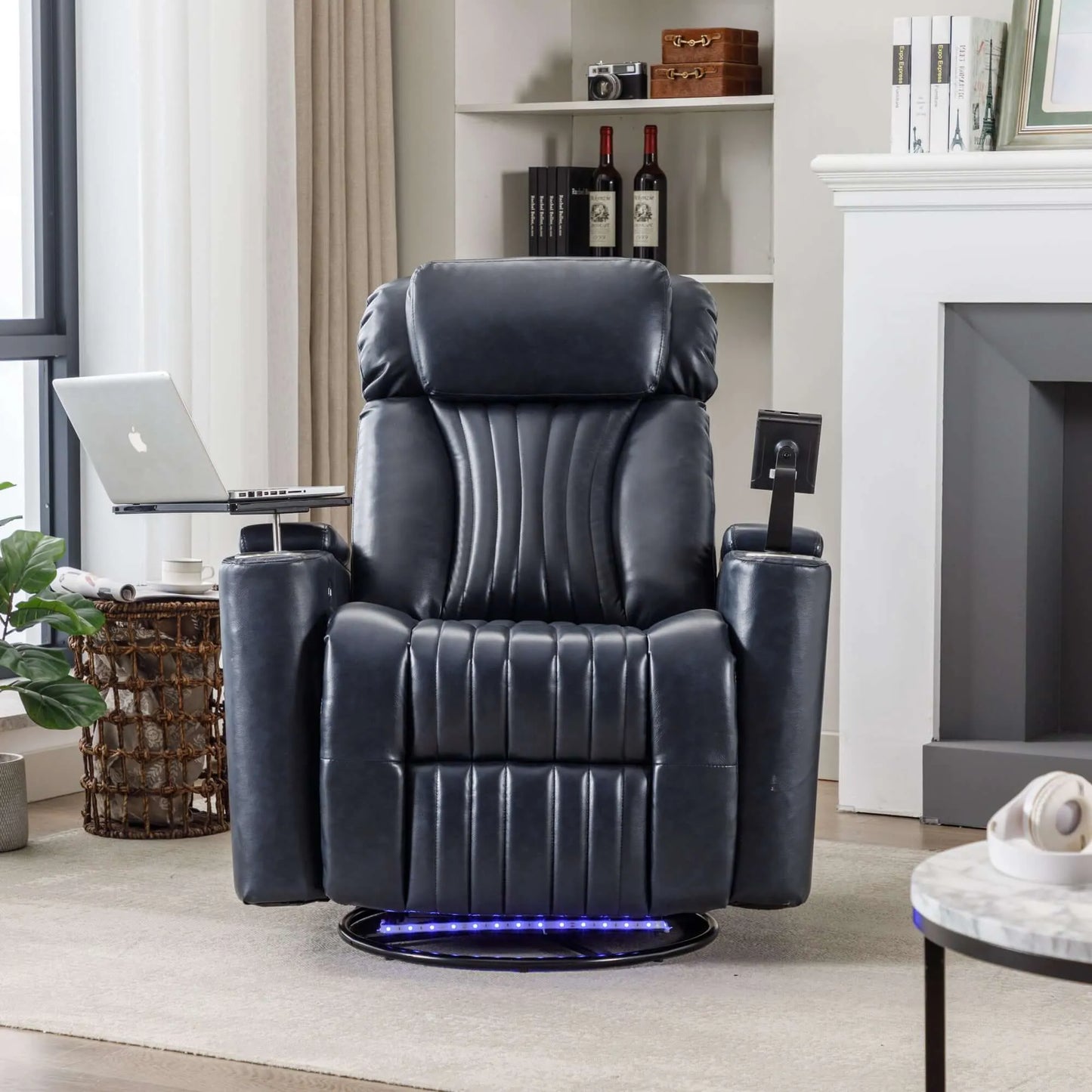 Blue leather recliner chair in a living room setting with a fireplace and bookshelf.