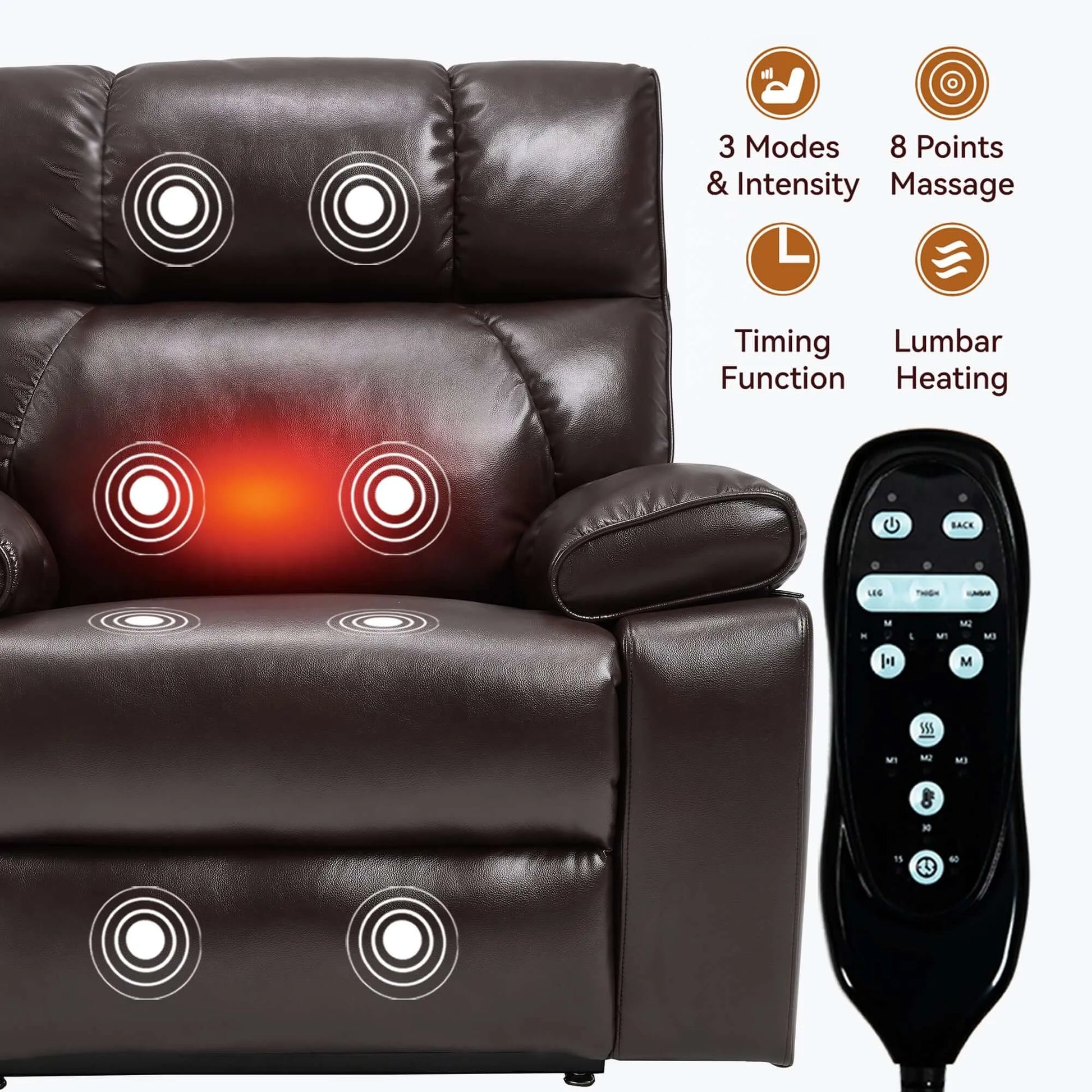 Massage recliner chair with massage points and remote control on a white background