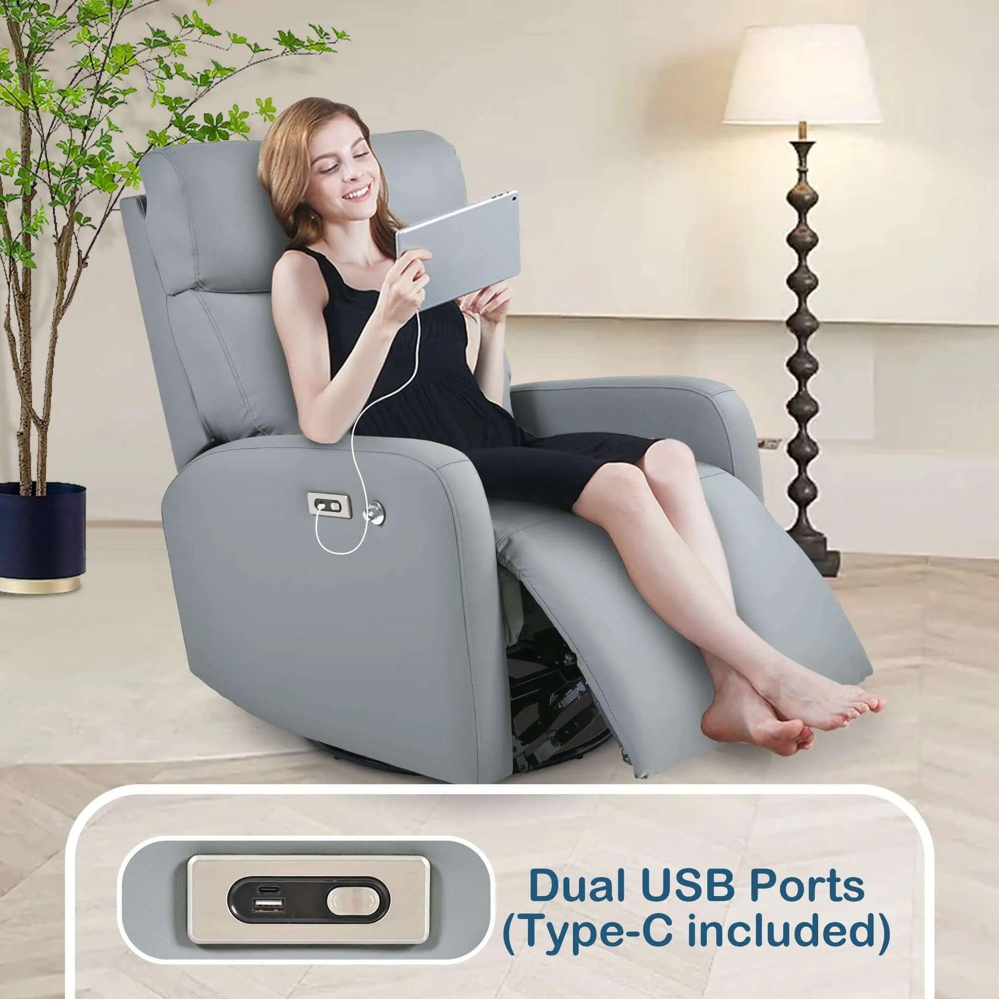 Woman relaxing in a recliner chair with a tablet, surrounded by home decor elements.