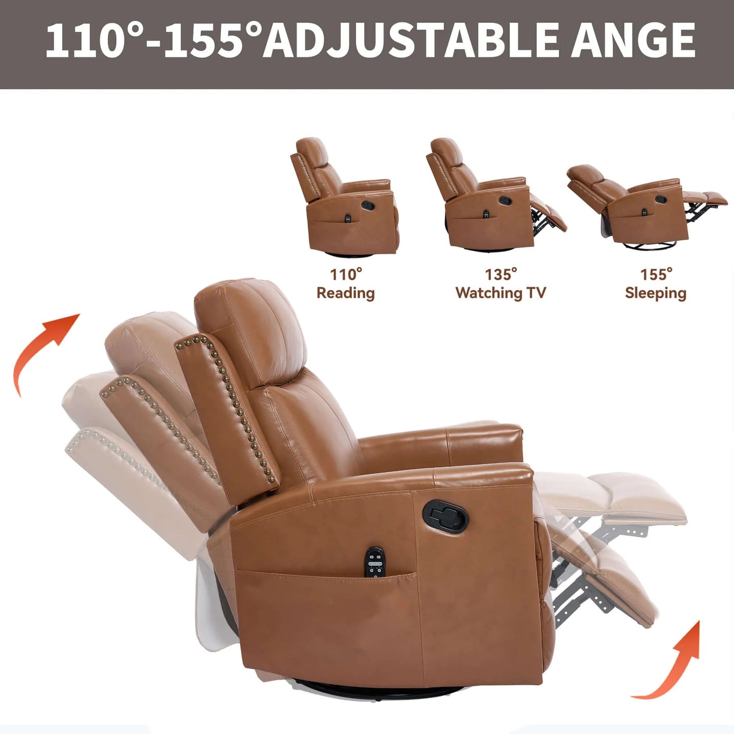 Brown recliner chair with adjustable angles for reading, watching TV, and sleeping, on a white background.