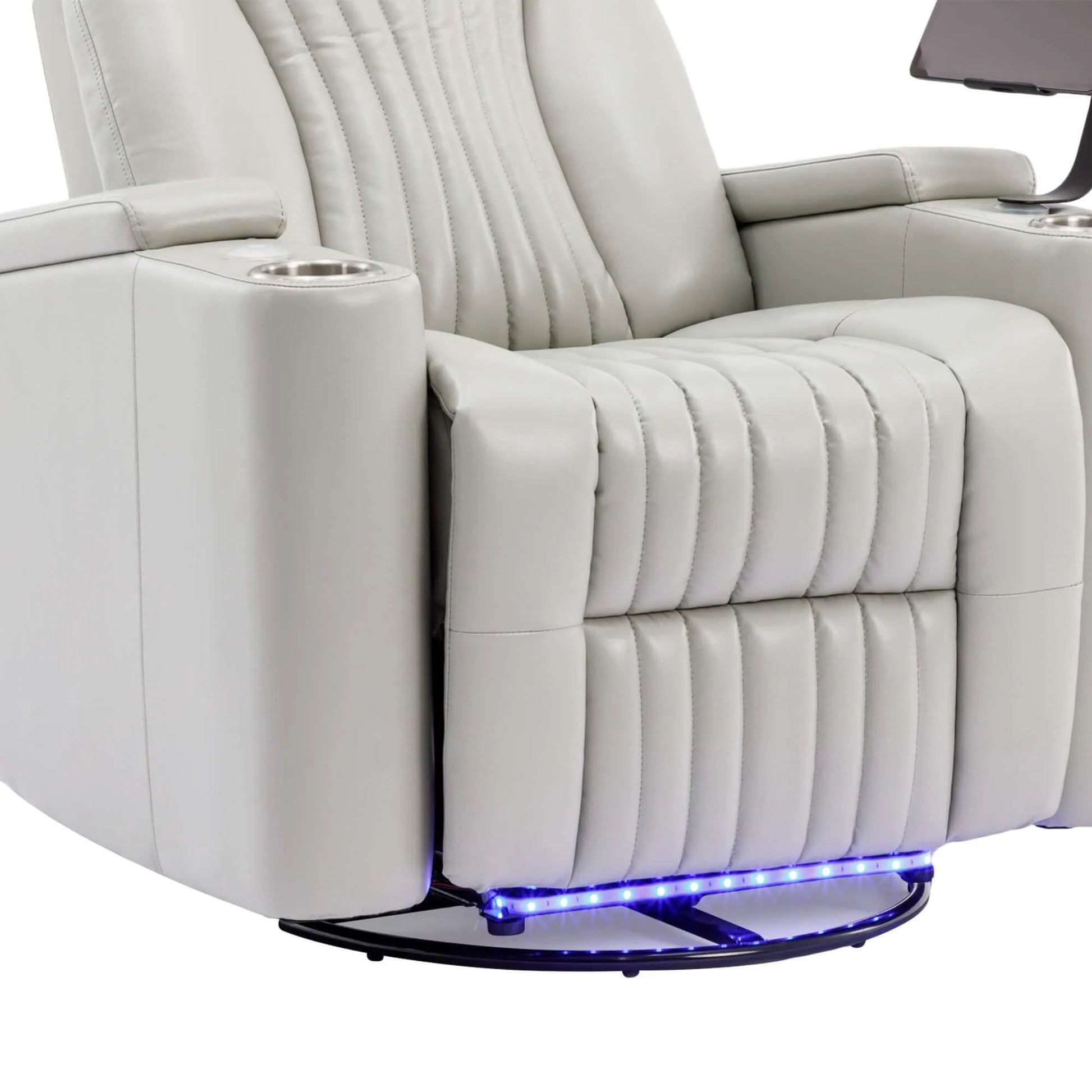 Gray recliner chair with cup holders and LED lighting on a white background
