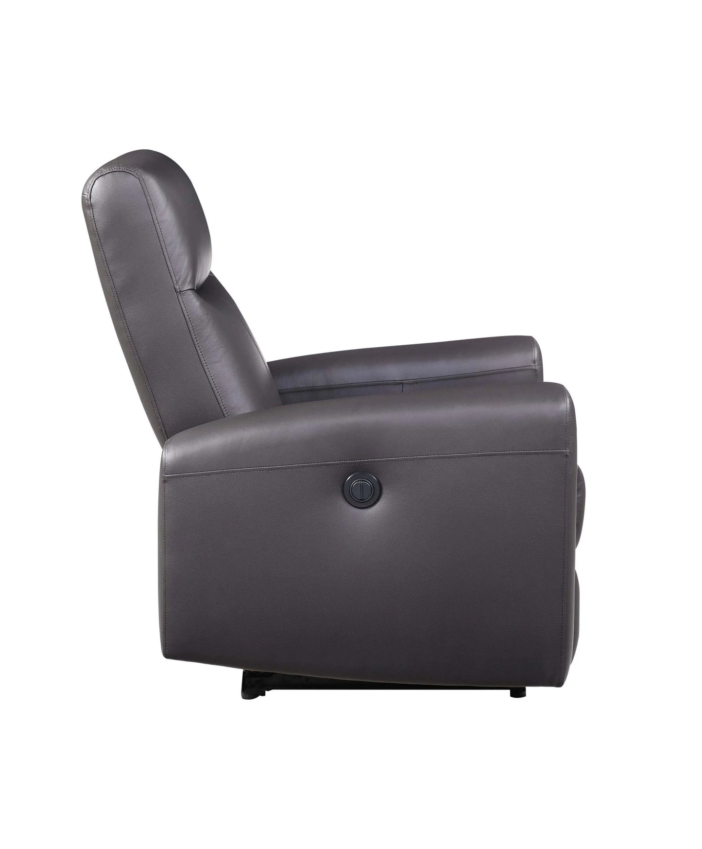 Side view of a brown recliner chair with control panel on a white background
