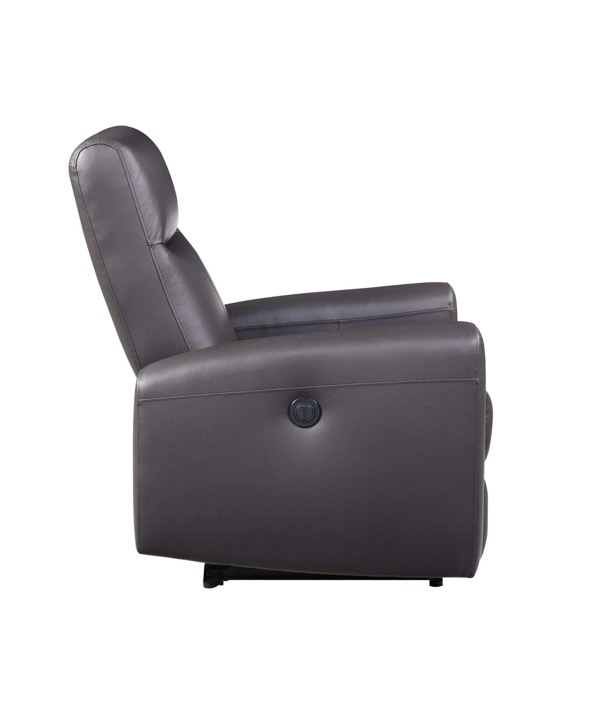 Side view of a brown recliner chair with control panel on a white background