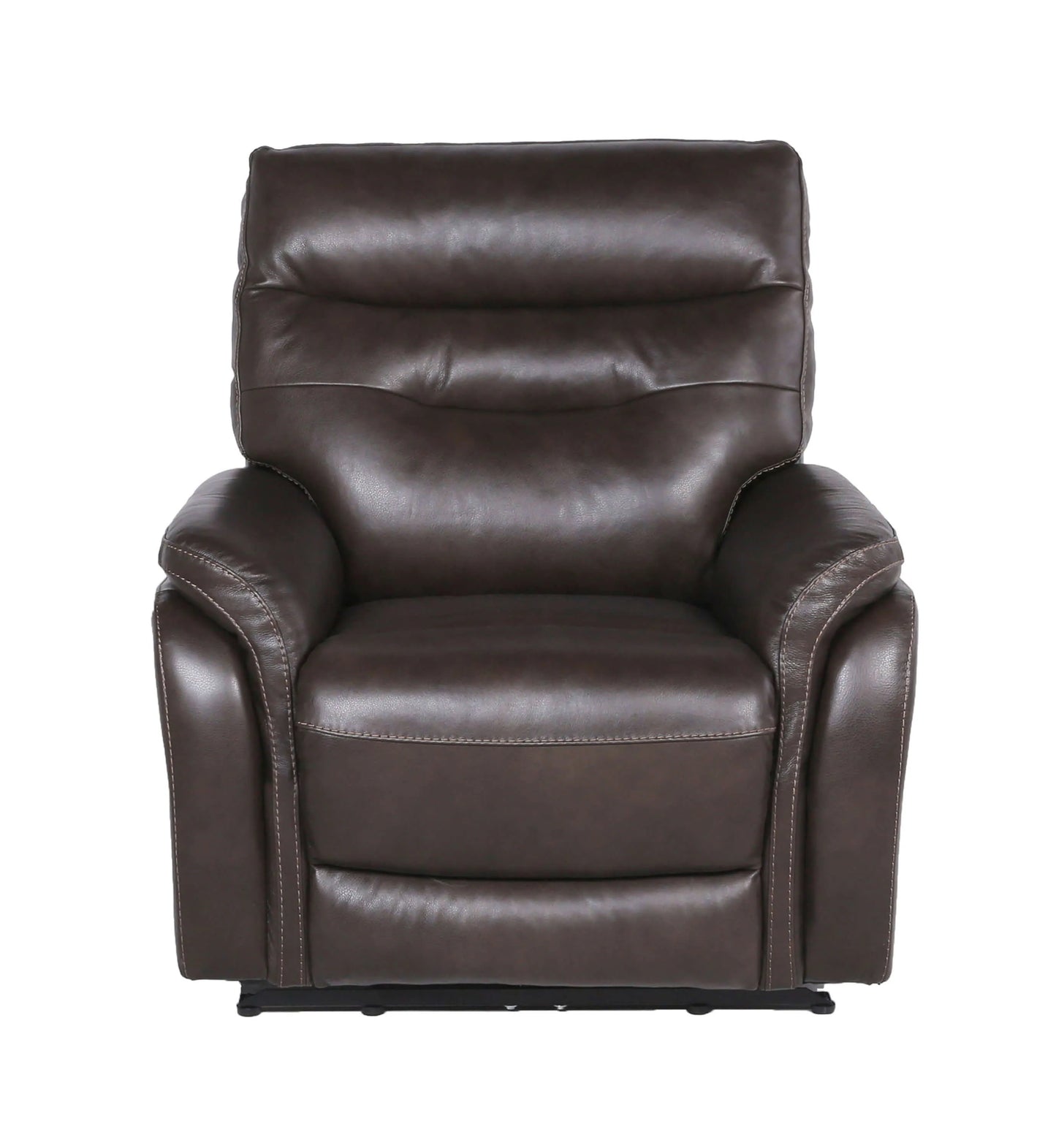 Front view of a coffee brown top grain genuine leather recliner chair on a white background