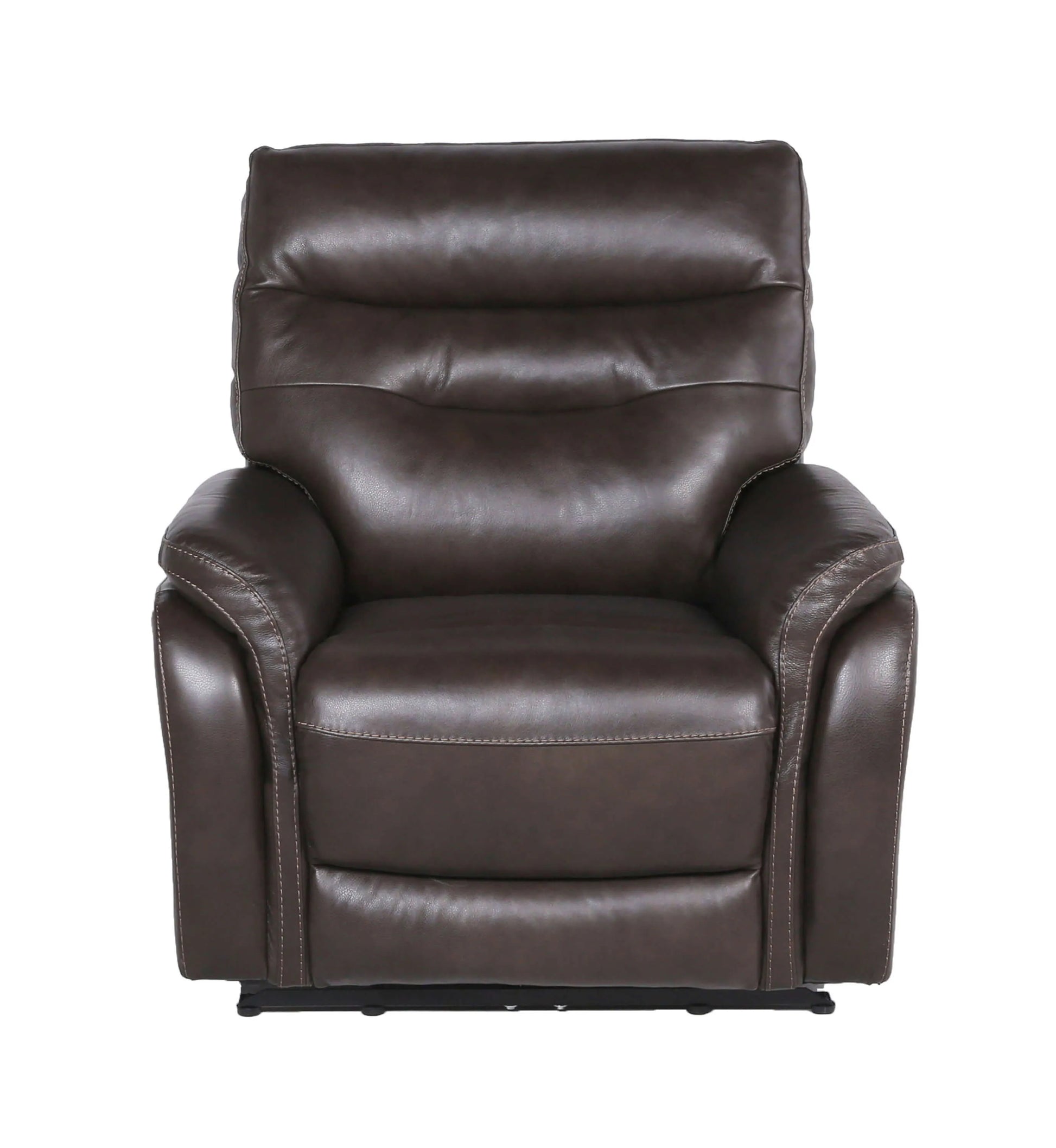Front view of a coffee brown top grain genuine leather recliner chair on a white background