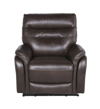Front view of a coffee brown top grain genuine leather recliner chair on a white background