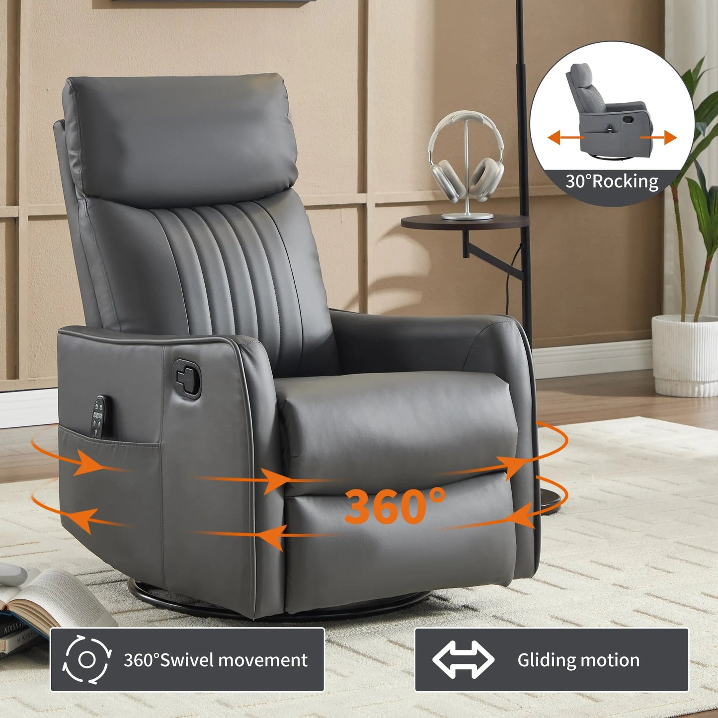 Gray recliner chair with 360-degree swivel, rocking, and gliding motion features in a living room setting.