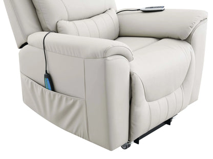 Light gray recliner chair with storage pocket and remote control on a white background