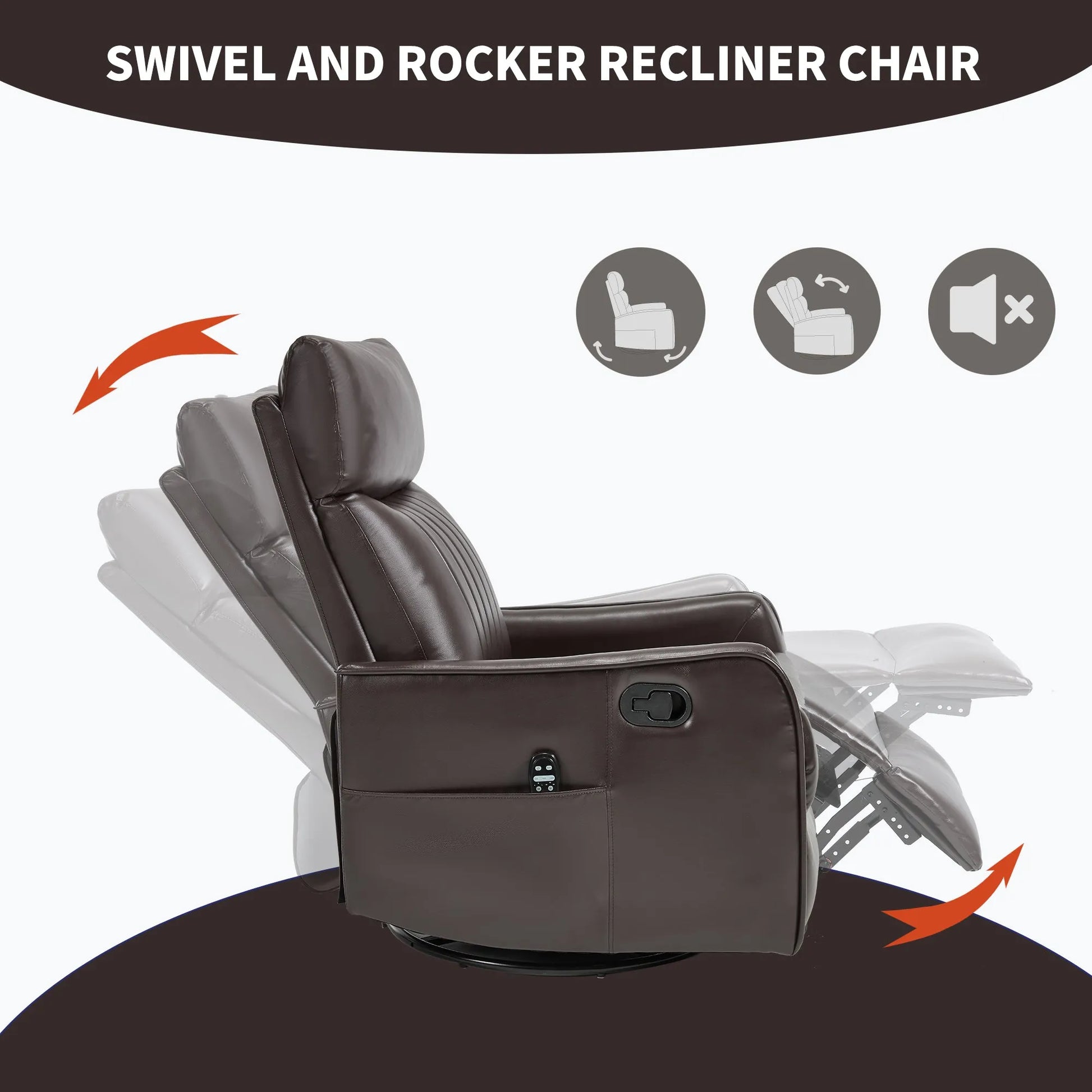 Brown swivel and rocker recliner chair with features highlighted on a white background