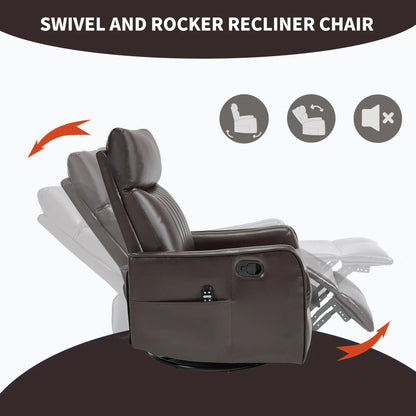 Brown swivel and rocker recliner chair with features highlighted on a white background