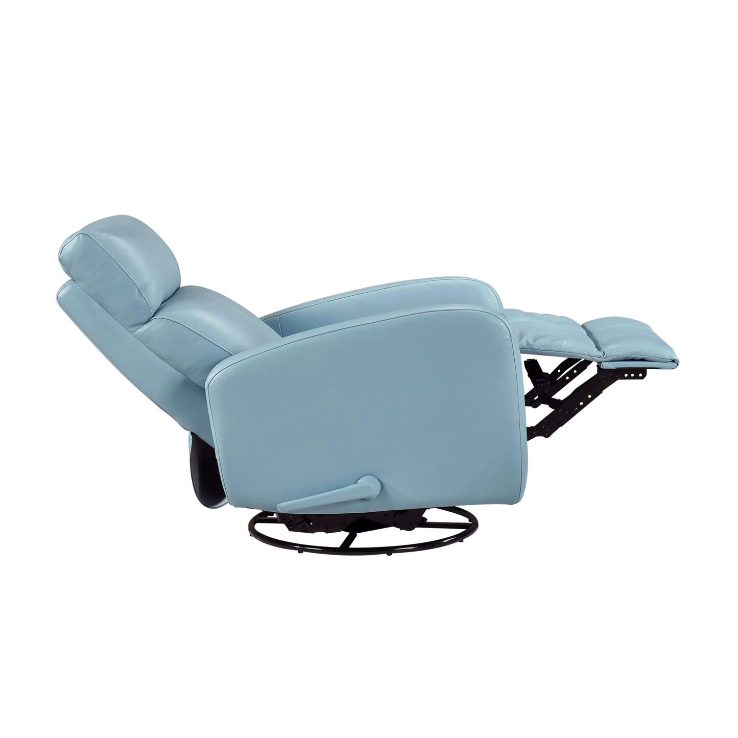 Side view of a fully reclined blue recliner chair on a white background