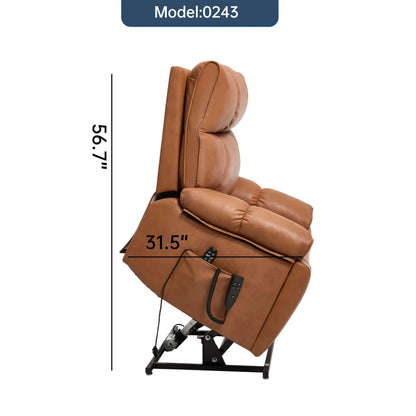 Brown massage chair with dimensions labeled on a white background