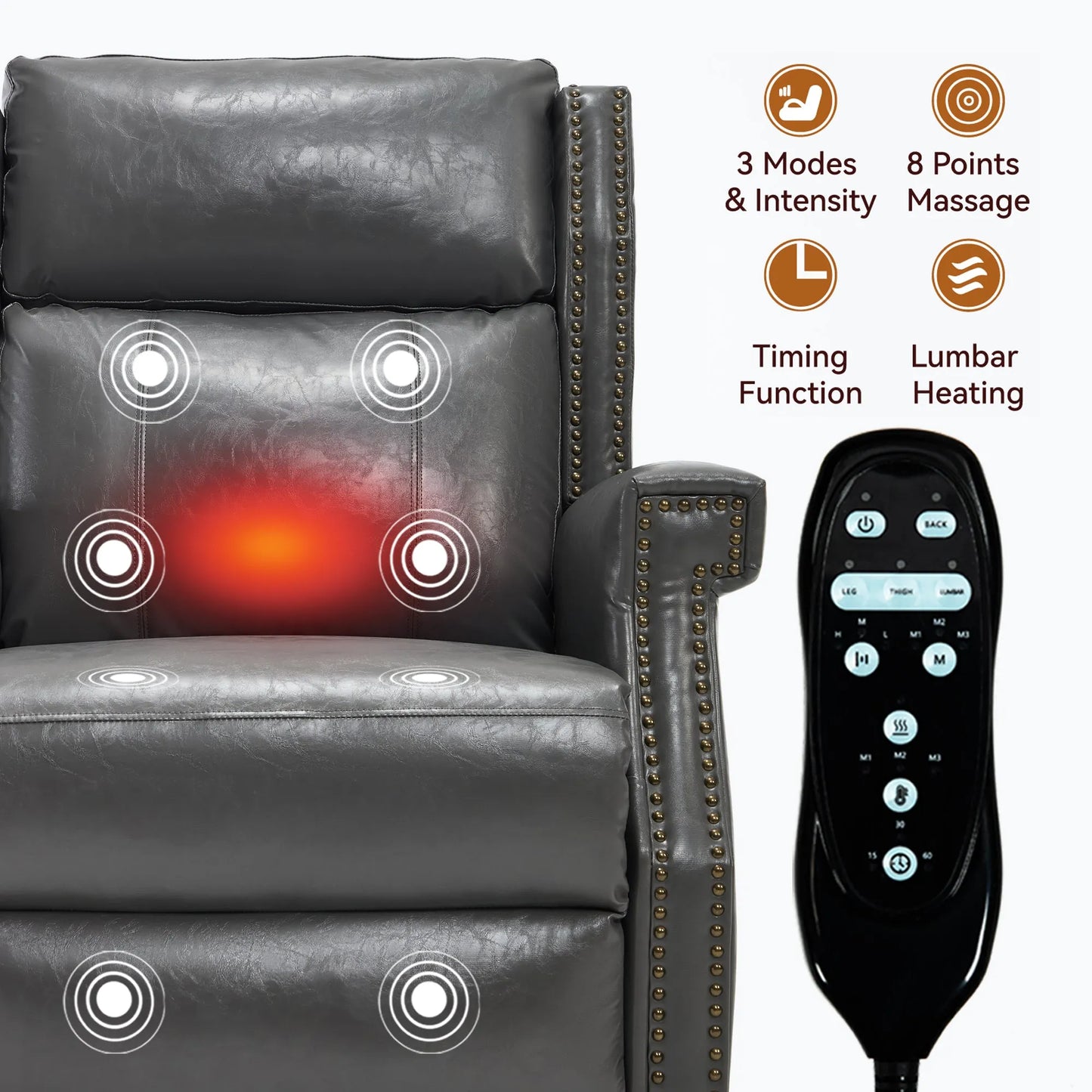 Gray massage recliner chair with heating and massaage function and remote control on a white background