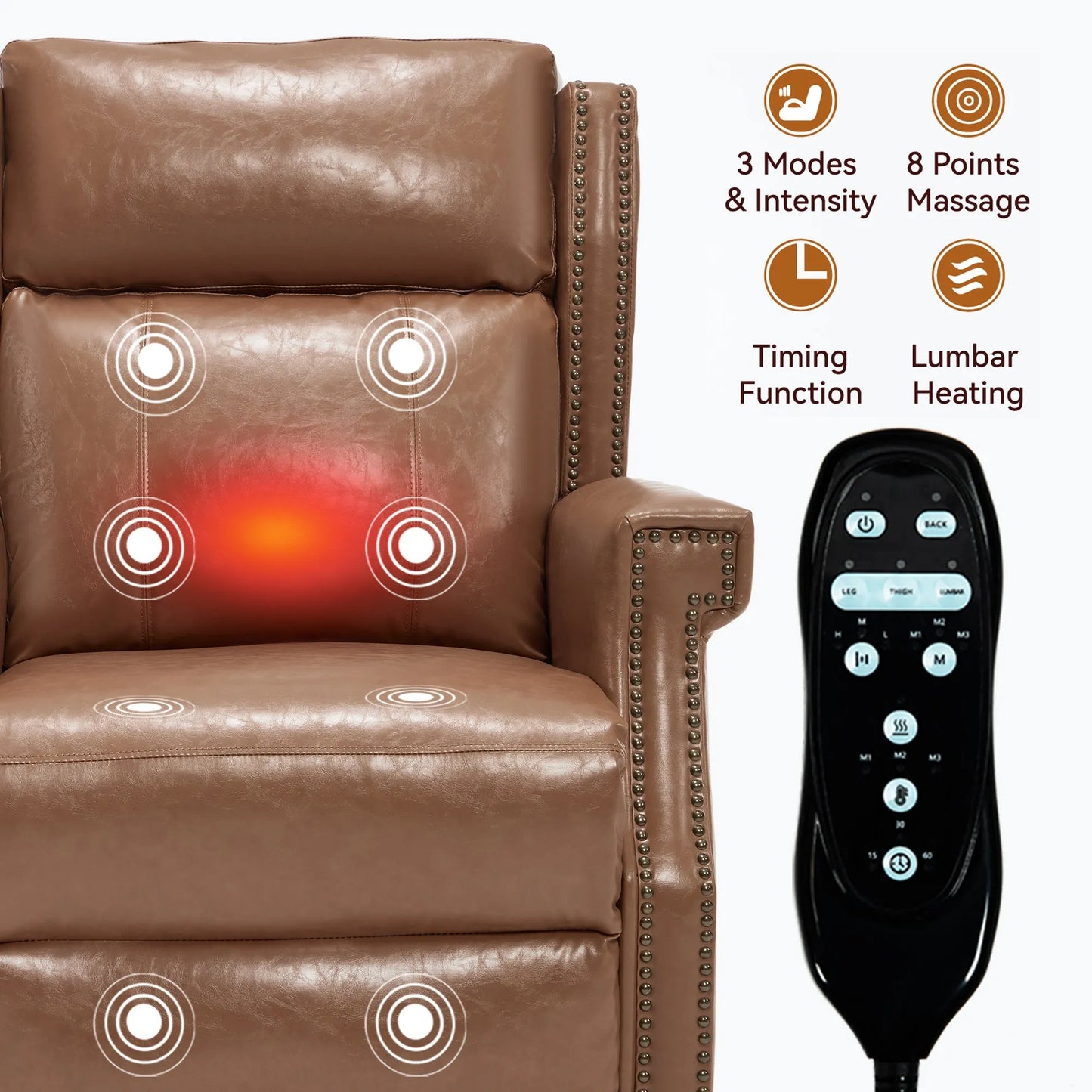 Brown massage recliner chair with remote control and feature icons on a white background