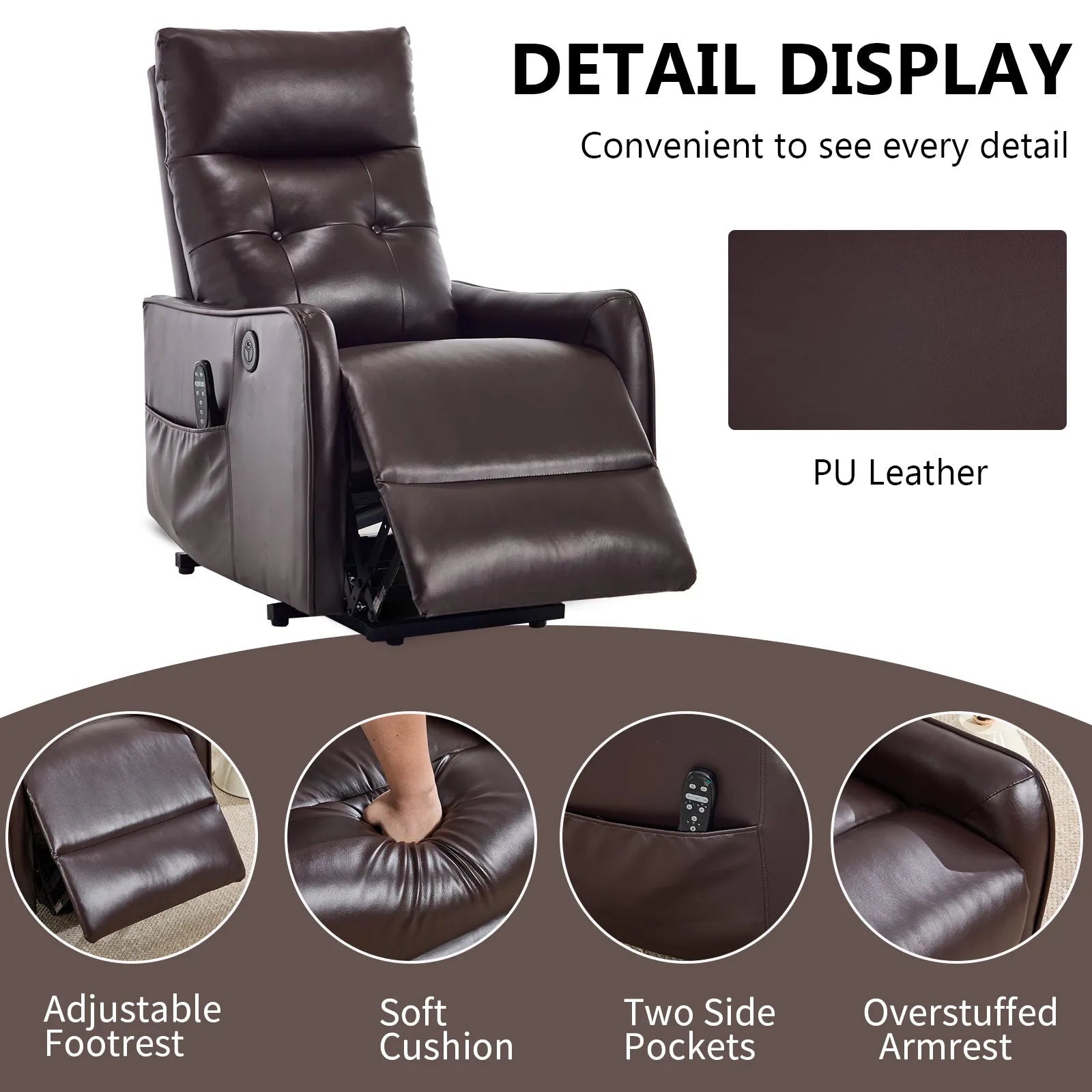 Brown faux leather recliner chair with features highlighted on a gray background