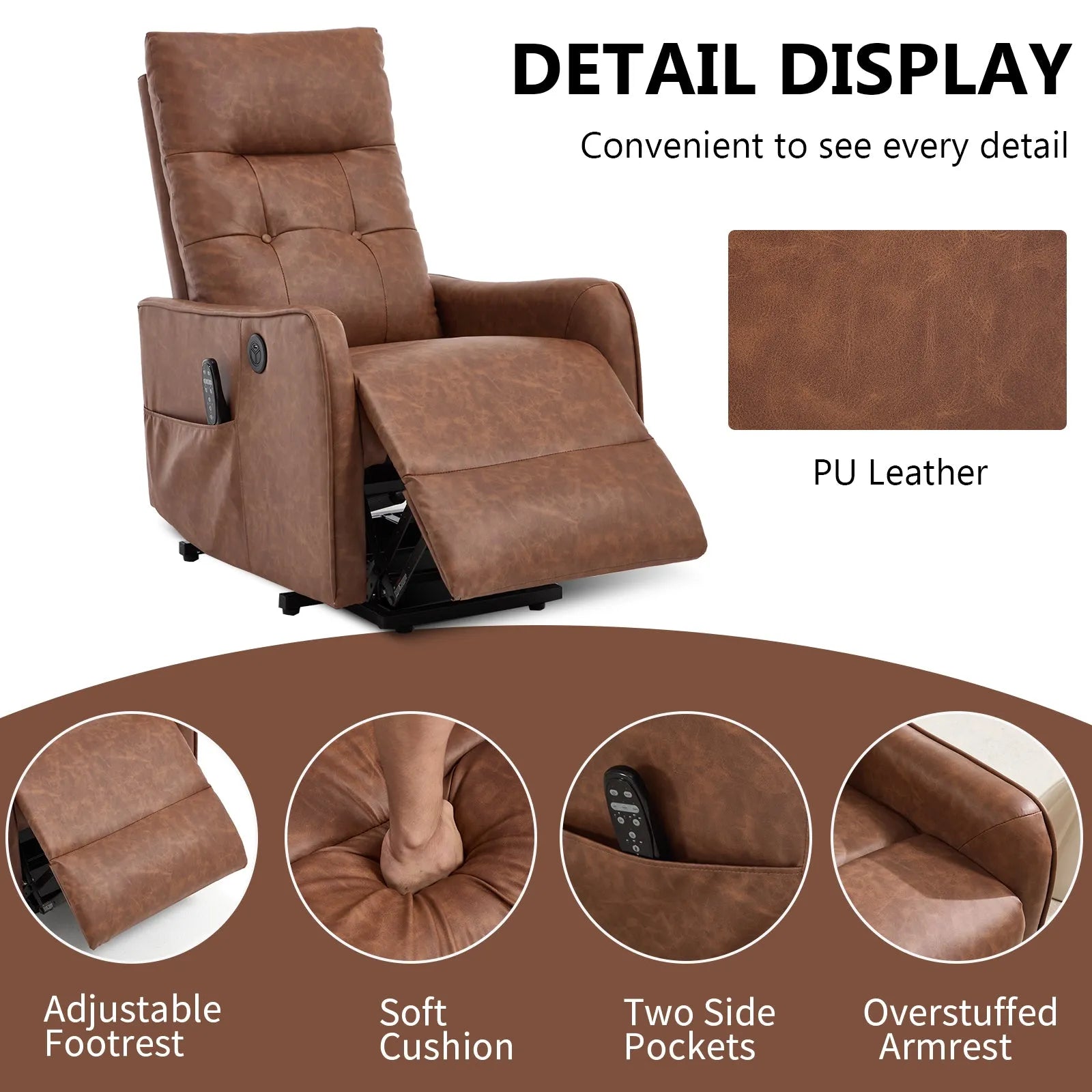 Brown faux leather recliner chair with product details on white background.
