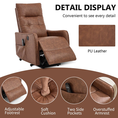 Brown faux leather recliner chair with product details on white background.