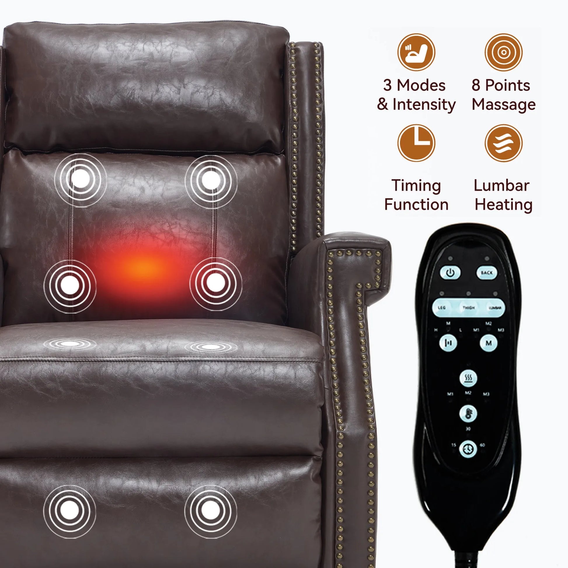 Brown massage recliner chair with remote control and massage points highlighted on a white background