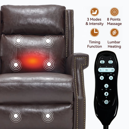 Brown massage recliner chair with remote control and massage points highlighted on a white background