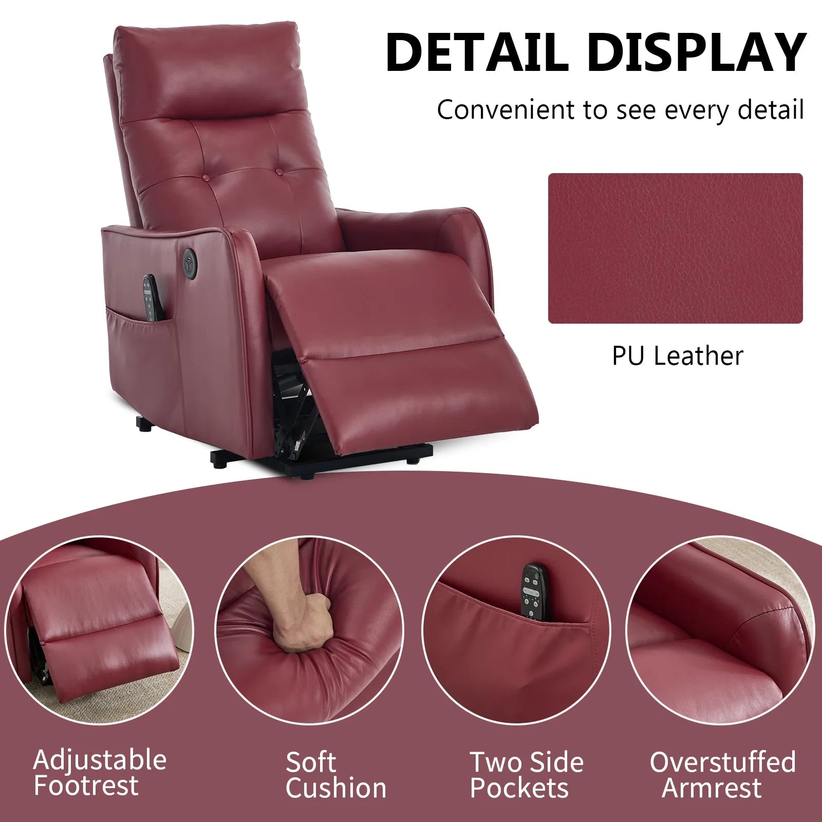 Red faux leather recliner chair with features highlighted on a white background