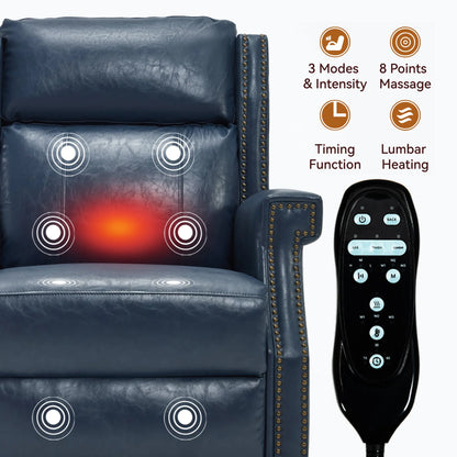 Blue massage chair with lumbar heating and remote control on a white background