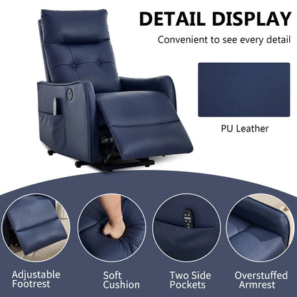Blue recliner chair with features highlighted on a gray background