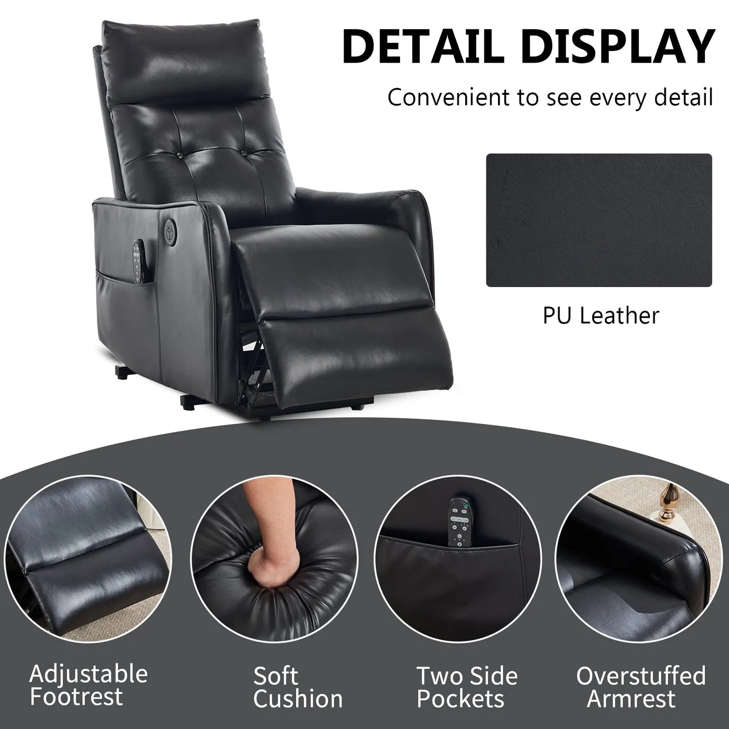 Black recliner chair with features highlighted on a gray background