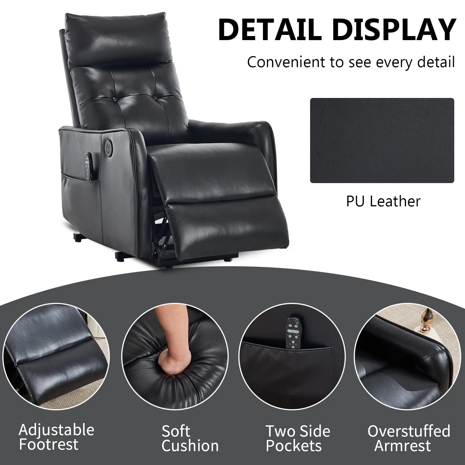 Black recliner chair with features highlighted on a gray background