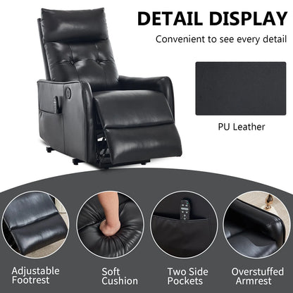 Black recliner chair with features highlighted on a gray background