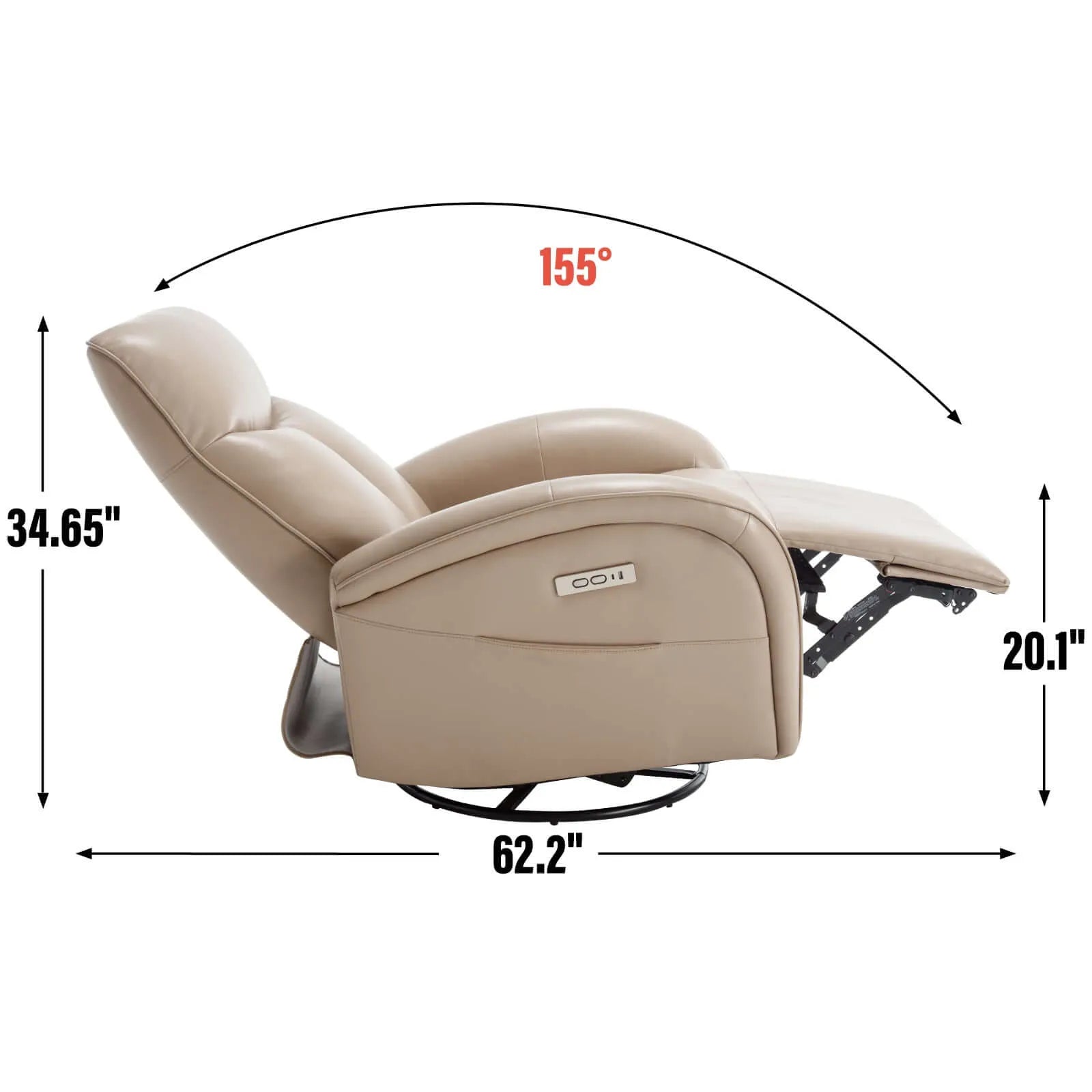 Fully extended brown recliner chair with dimensions labeled on a white background