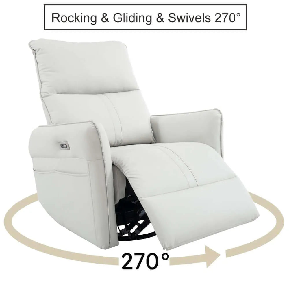 Light gray recliner chair with rocking, gliding, and swiveling capabilities on a white background.