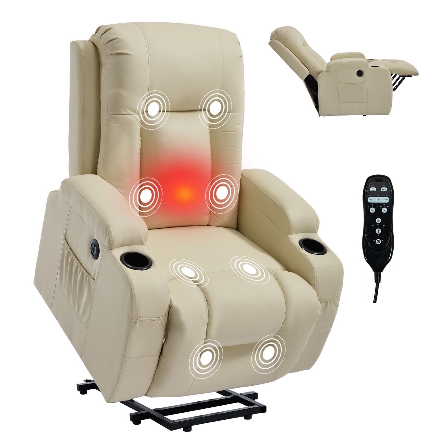 350 LB Power Lift Recliner w/ Massage, Heat, USB, Cup Holders-Beige