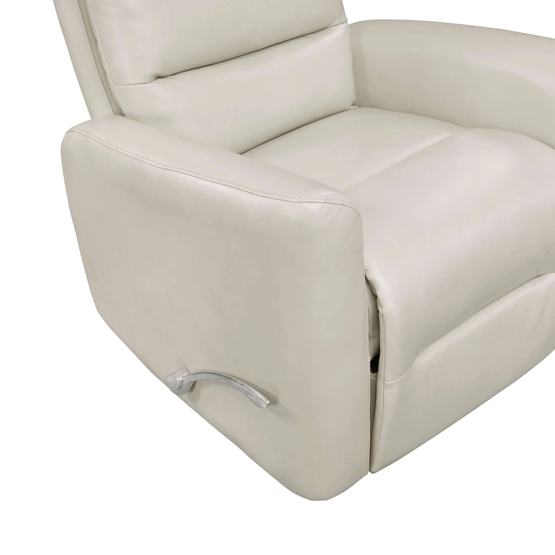 Close-up of a beige recliner chair with a control handle on a white background