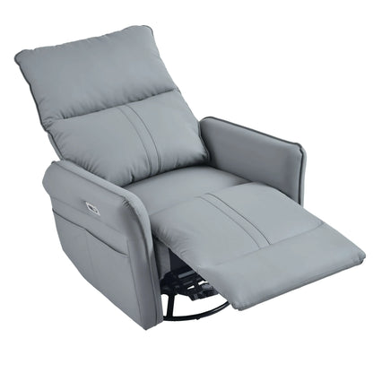 Top view of a blue gray recliner chair fully reclined on a white background