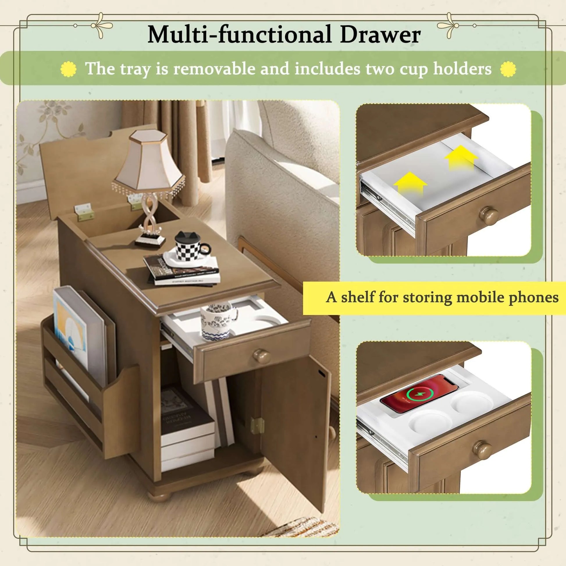 Wooden end table with a multi-functional drawer including a removable tray and cup holders, shown in a home setting.