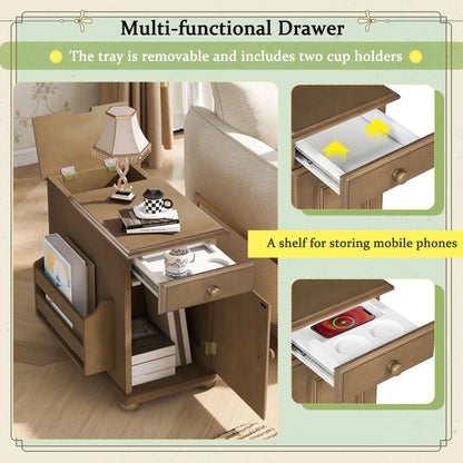 Wooden end table with a multi-functional drawer including a removable tray and cup holders, shown in a home setting.