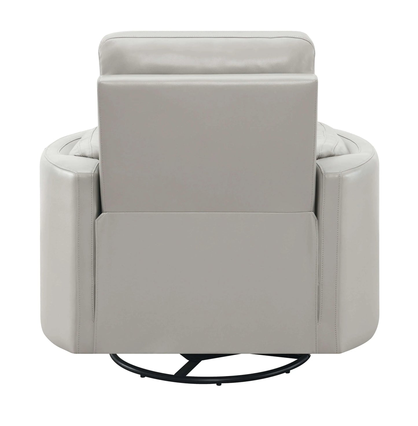 Back side view of the Sagen Gray Faux Leather Glider Recliner with Swivel on a white background.