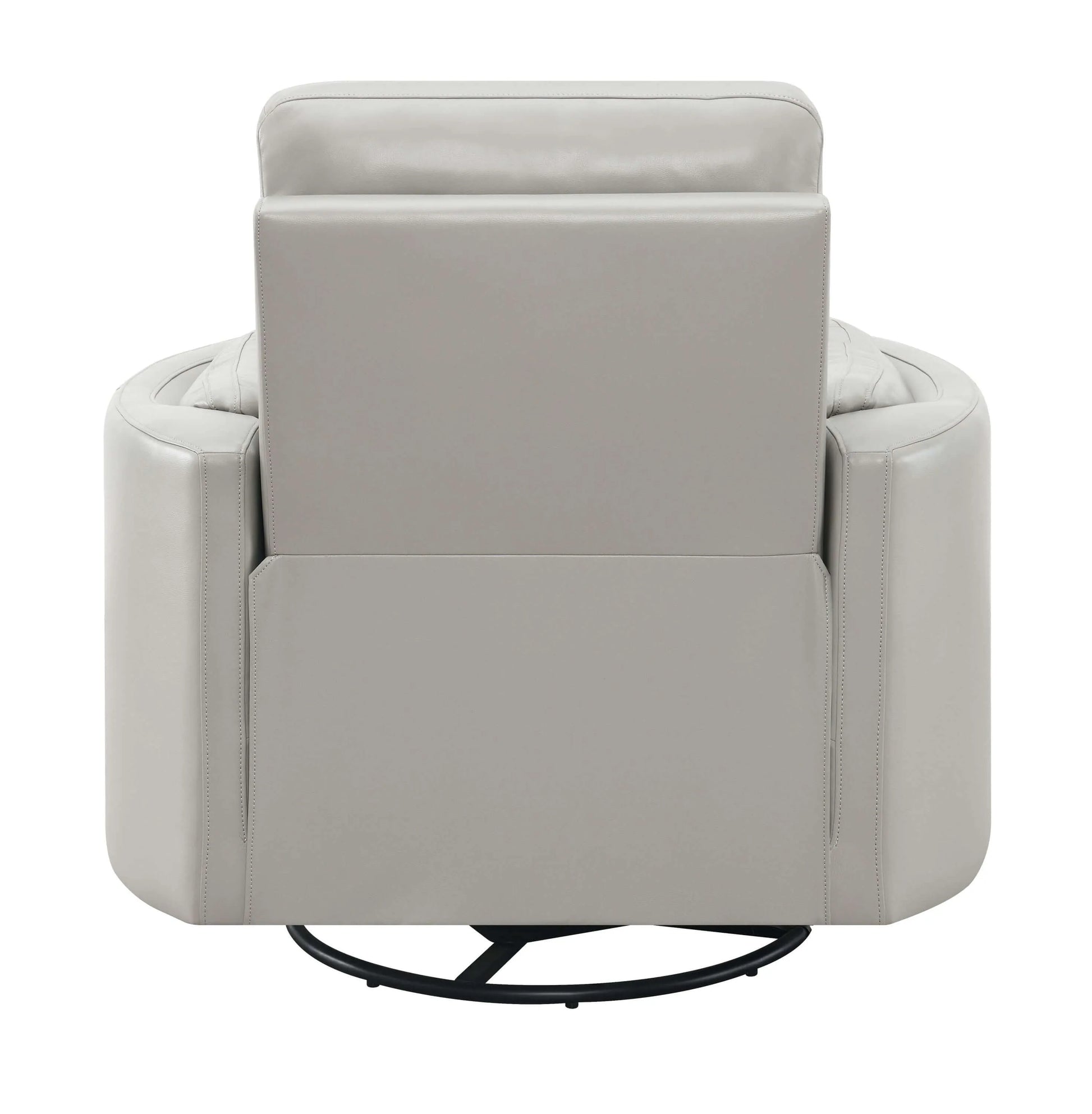 Back side view of the Sagen Gray Faux Leather Glider Recliner with Swivel on a white background.