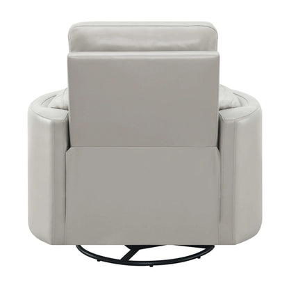 Back side view of the Sagen Gray Faux Leather Glider Recliner with Swivel on a white background.