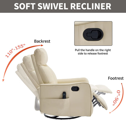 Beige recliner chair with soft swivel feature and footrest release mechanism on a white background.
