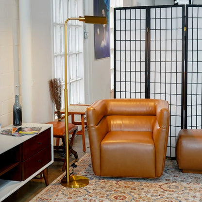 Brown leather armchair in a room with a gold floor lamp and decorative rug.