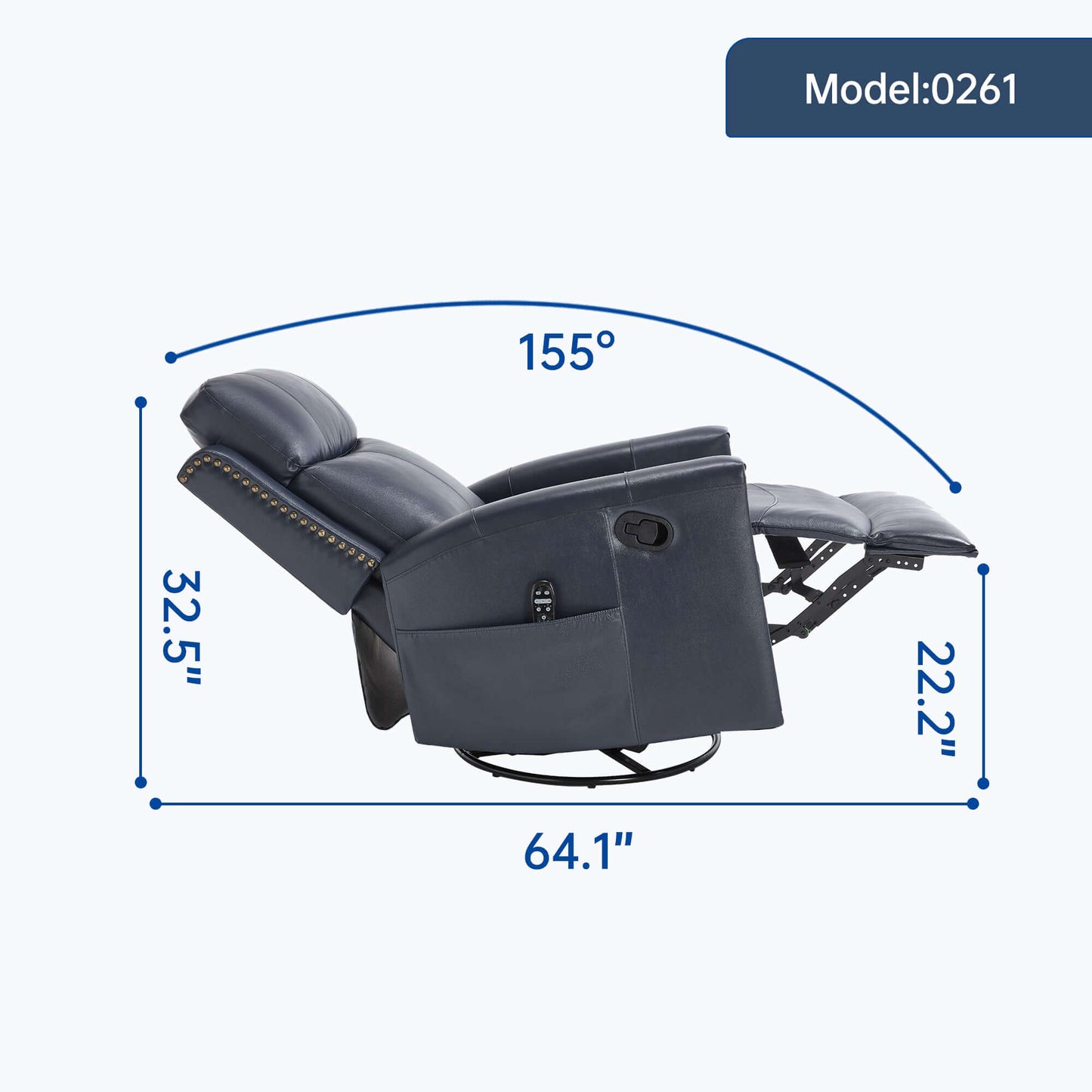 Blue Recliner w/ Heat, Massage, Rocker & Swivel – Manual