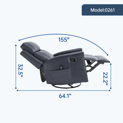 Blue recliner chair with dimensions labeled on a white background