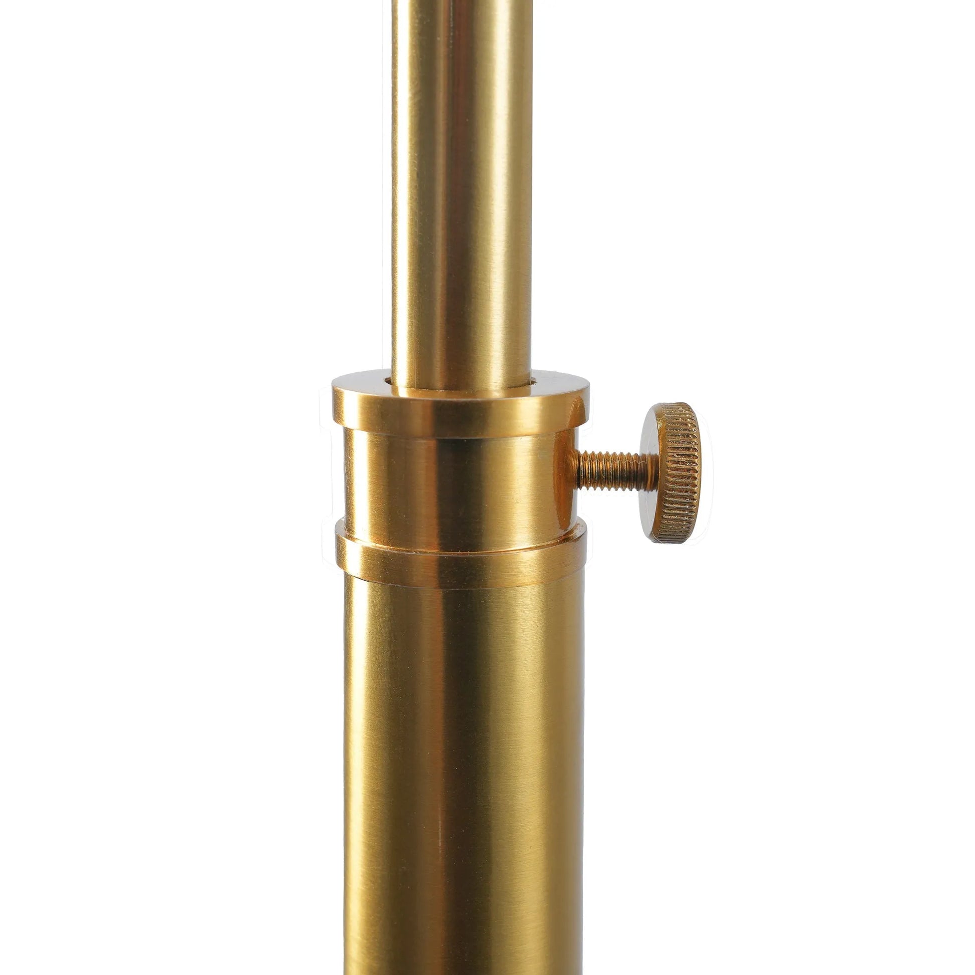 Gold-colored adjustable stand with a knob on a white background