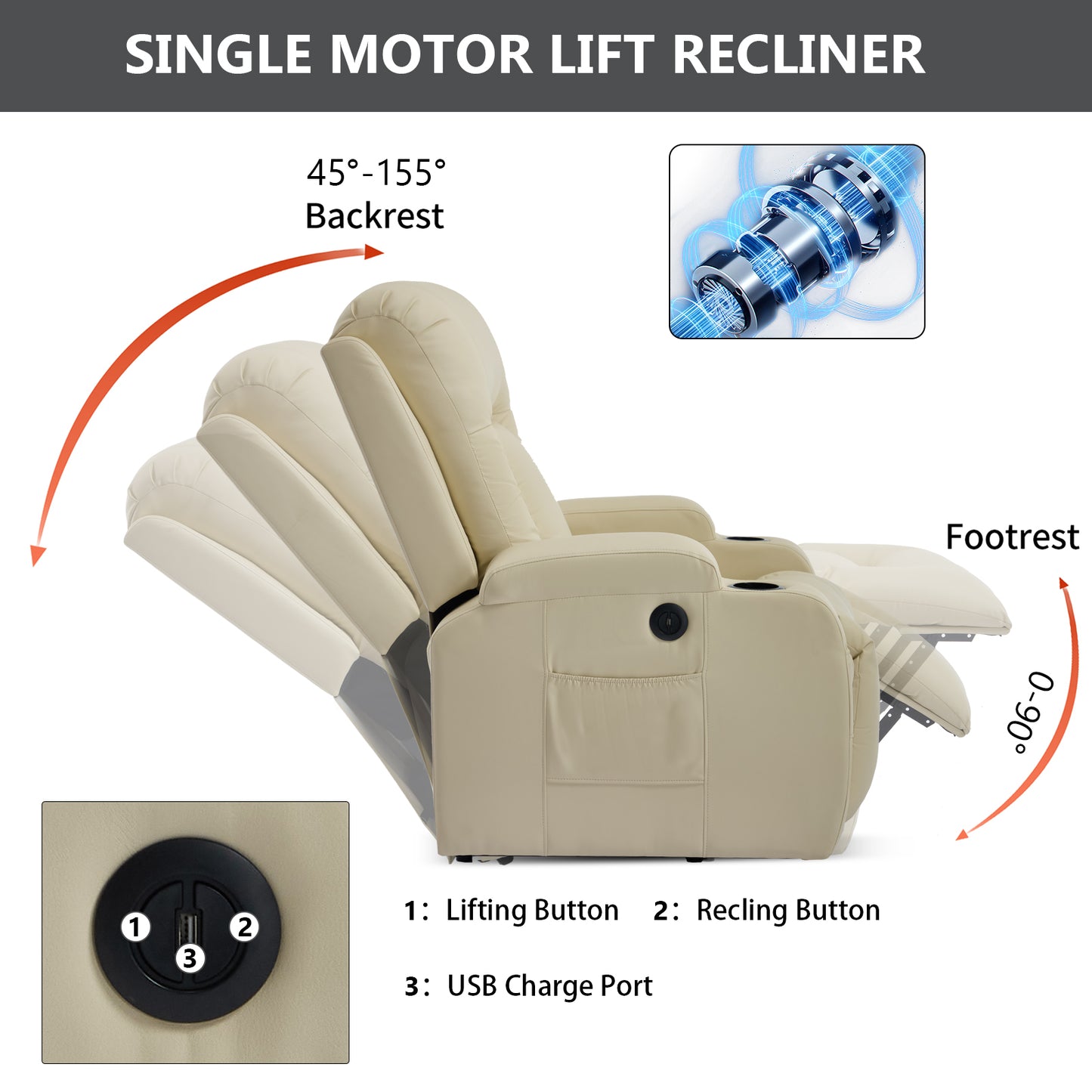 350 LB Power Lift Recliner w/ Massage, Heat, USB, Cup Holders-Beige