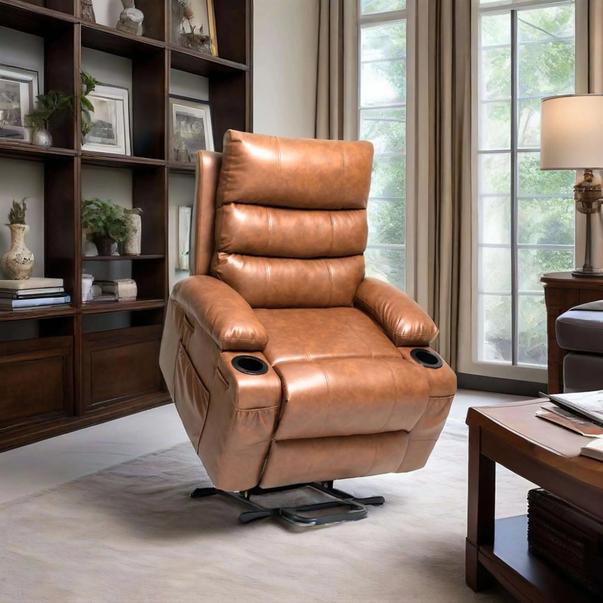 Brown faux leather power lift recliner chair in a full lift position in a living room setting with bookshelf and coffee table.