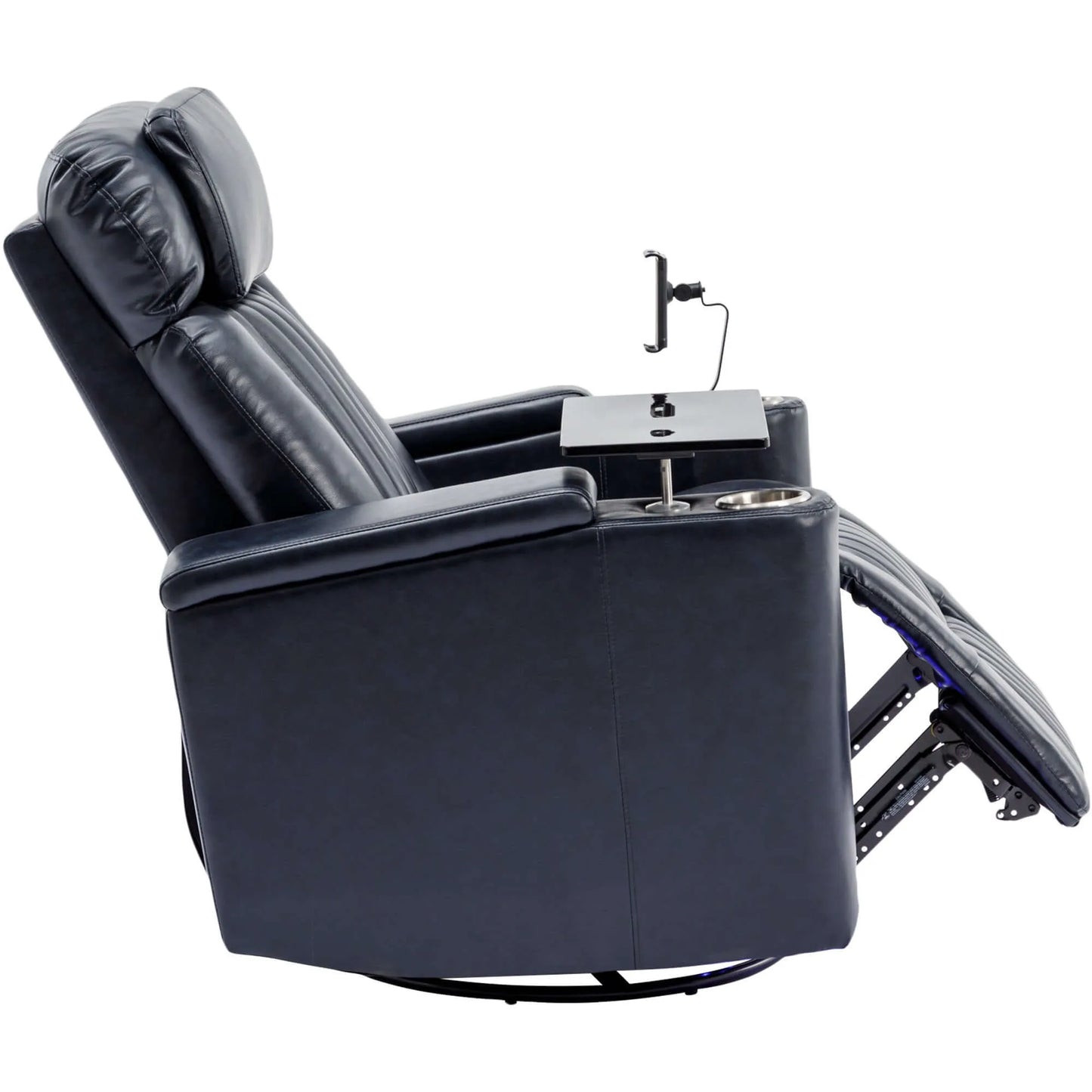 Side view of a blue recliner chair with footrest extended, cup holder and armrest on a white background