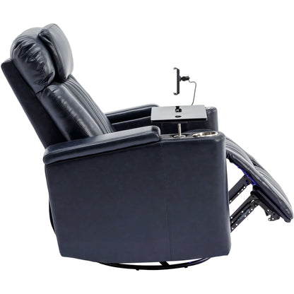Side view of a blue recliner chair with footrest extended, cup holder and armrest on a white background