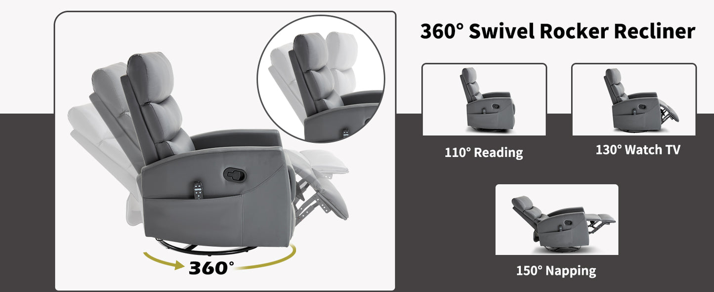 360° Swivel Rocker Recliner with various angles shown on a gray background